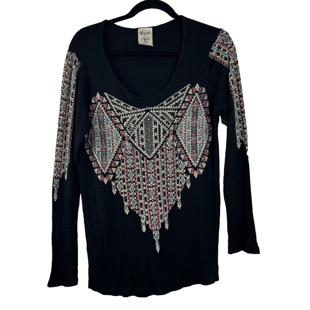 Vocal Embellished Boho-Chic Southwestern Long-Sleeved Shirt Women's Size M